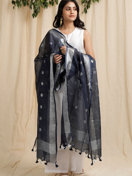 Linen Handloom Bhagalpuri Circle Weaving Motif Black Dupatta - View 2