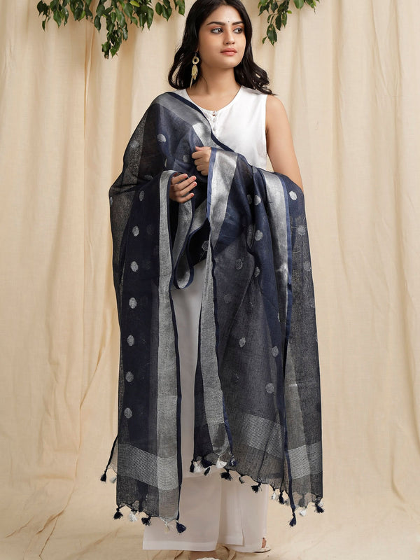 Linen Handloom Bhagalpuri Circle Weaving Motif Black Dupatta - View 2