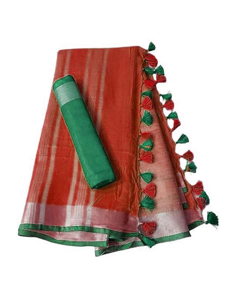 Handloom Bhagalpuri Linen Cotton Blend Contrast Border Saree for Women (12643 Red-Green) - View 2