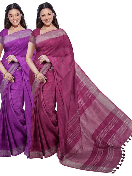 Electric Purple & Raspberry Pink women's Bhagalpuri Handloom Cotton-Linen Blend Saree Combo (Pack Of 2) With Running Unstiched Blouse Piece