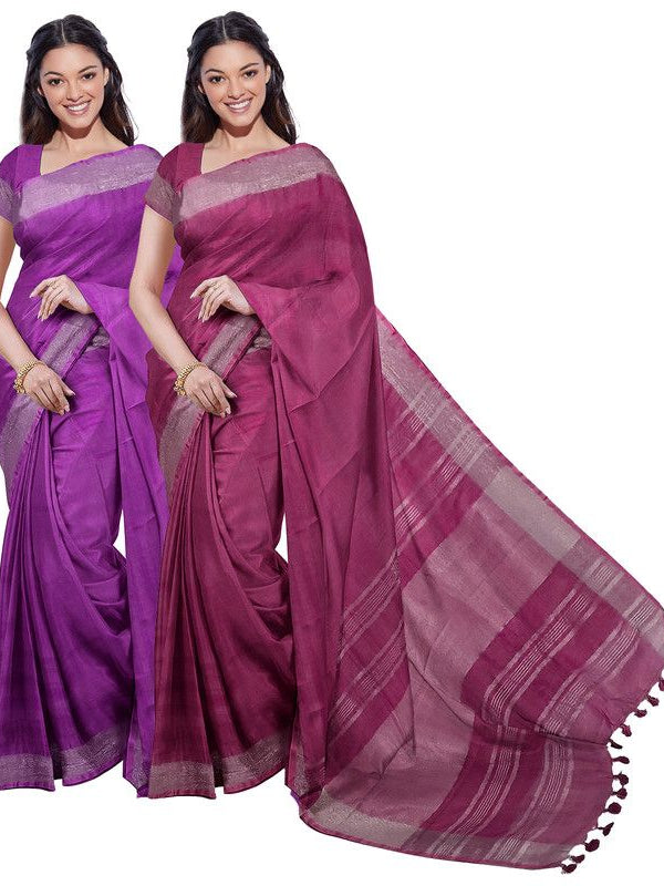 Electric Purple & Raspberry Pink women's Bhagalpuri Handloom Cotton-Linen Blend Saree Combo (Pack Of 2) With Running Unstiched Blouse Piece