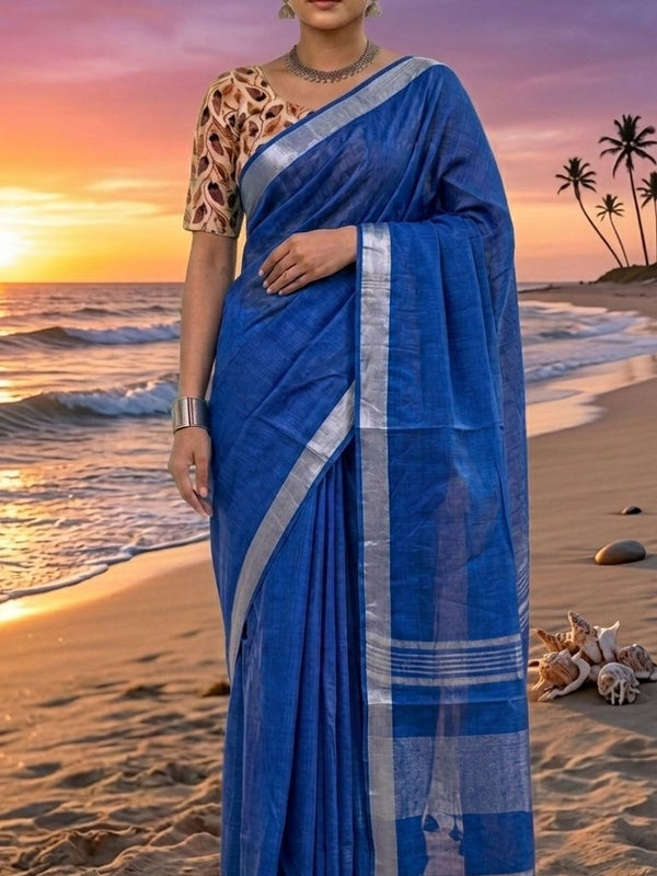 Handwoven Linen Blend Saree With Running Blouse Piece(Royal Blue) - View 3