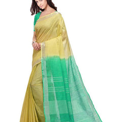 Sunflower Yellow & Aquamarine Turquoise women's Handloom Bhagalpuri Cotton Linen Blend Two Dye Saree With Running Unstitched Blouse Piece - View 3