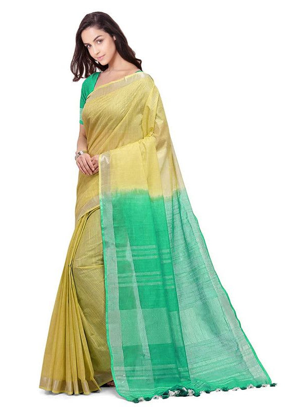 Sunflower Yellow & Aquamarine Turquoise women's Handloom Bhagalpuri Cotton Linen Blend Two Dye Saree With Running Unstitched Blouse Piece - View 3