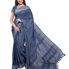 Bhagalpuri Handloom Cotton-Linen Blend Saree With Running Unstiched Blouse Piece (Lake_Grey & Mint_Green) - View 3