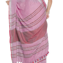 Carnation Pink-Pink women's Bhagalpuri Handloom Cotton Linen Blend Contrast Pallu Saree And Unstitched Contrast Blouse Piece - View 3