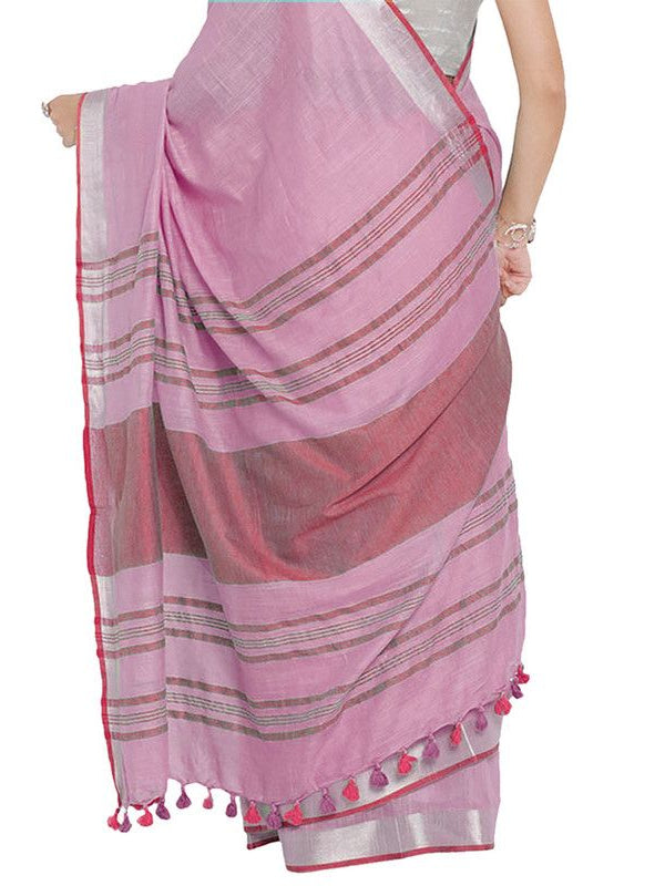 Carnation Pink-Pink women's Bhagalpuri Handloom Cotton Linen Blend Contrast Pallu Saree And Unstitched Contrast Blouse Piece - View 3