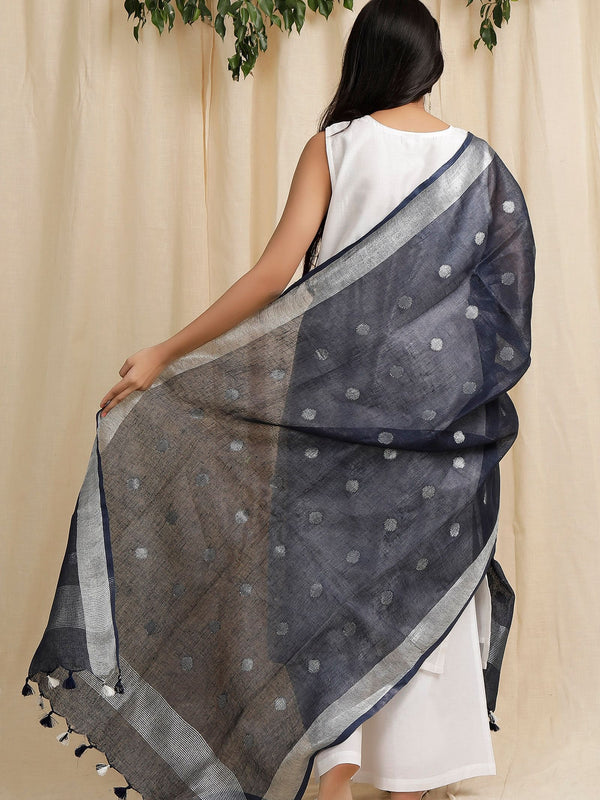 Linen Handloom Bhagalpuri Circle Weaving Motif Black Dupatta - View 3