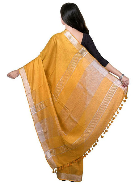 Marigold Yellow Bhagalpuri women's Handloom Linen Cotton Ethnic Wear Saree With Running Unstitched Blouse Piece - View 4