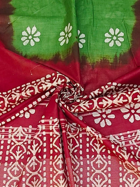 Linen Cotton Blend Handloom Tie-Dye Batik Print Saree with Blouse Piece (SLBR_Lawn_Green & Lawaiie_Maroon) - View 3