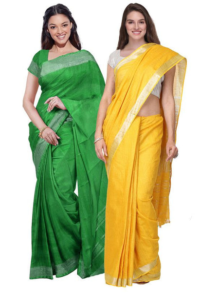Pigment Green & Yellow women's Bhagalpuri Handloom Cotton-Linen Blend Saree Combo (Pack Of 2) With Running Unstiched Blouse Piece