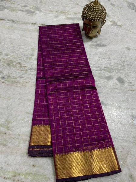 Cotton Silk Handloom Bhgalpuri Check Saree with Gold Zari Border with Blouse Piece for Women (100161 Tyrian_Purple)