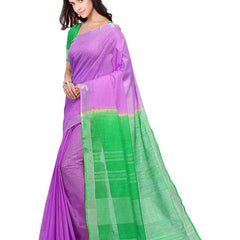 Fuchsia Pink & Honerdew Green women's Handloom Bhagalpuri Linen Blend Two Dye Saree With Running Unstitched Blouse Piece - View 4