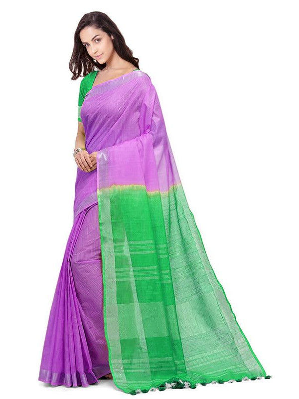 Fuchsia Pink & Honerdew Green women's Handloom Bhagalpuri Linen Blend Two Dye Saree With Running Unstitched Blouse Piece - View 4