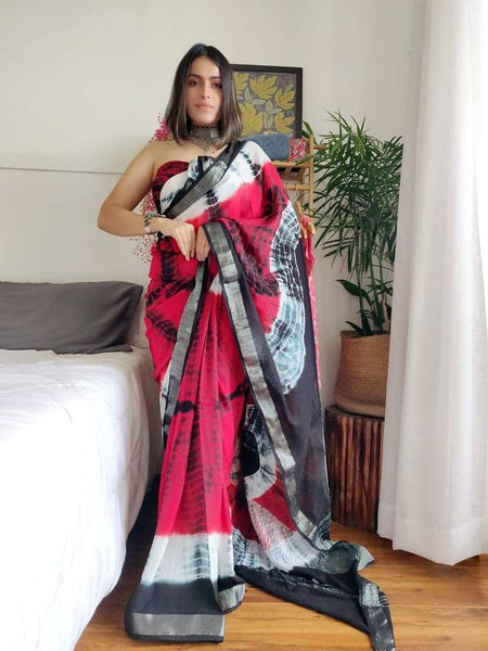 Bhagalpuri Handloom Linen Bandhani Multi Dye Saree (Black-White-Pink)