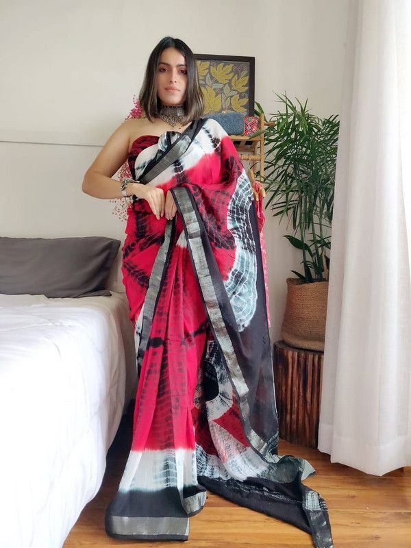 Bhagalpuri Handloom Linen Bandhani Multi Dye Saree (Black-White-Pink)