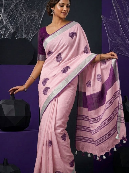 Handwoven Bhagalpuri Linen Blend Embroidered Saree With Contrast Blouse Piece(Baby Pink_Purple)