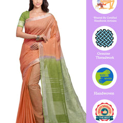 Mango Orange & Moss Green women's Handloom Bhagalpuri Linen Blend Two Dye Saree With Running Unstitched Blouse Piece - View 2