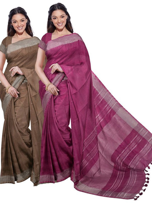 Brown & Raspberry Pink women's Bhagalpuri Handloom Cotton-Linen Blend Saree Combo (Pack Of 2) With Running Unstiched Blouse Piece