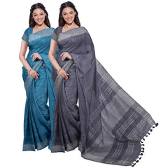 Cerulean Blue & Grey women's Bhagalpuri Handloom Cotton-Linen Blend Saree Combo (Pack Of 2) With Running Unstiched Blouse Piece
