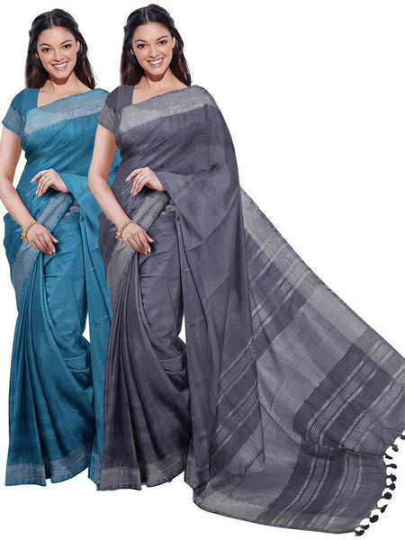 Cerulean Blue & Grey women's Bhagalpuri Handloom Cotton-Linen Blend Saree Combo (Pack Of 2) With Running Unstiched Blouse Piece