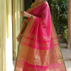 Handloom Bhagalpuri Linen Cotton Blend Contrast Border Saree for Women (12625 Gold-Glaire_Pink-Dark_Green) - View 4