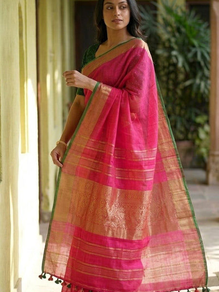 Handloom Bhagalpuri Linen Cotton Blend Contrast Border Saree for Women (12625 Gold-Glaire_Pink-Dark_Green) - View 4