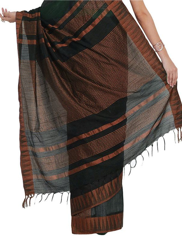 Bhagalpuri Handloom Katan Viscous Silk Temple Border Saree Ethnic Wear With Running Unstitched Striped Blouse Piece - View 3