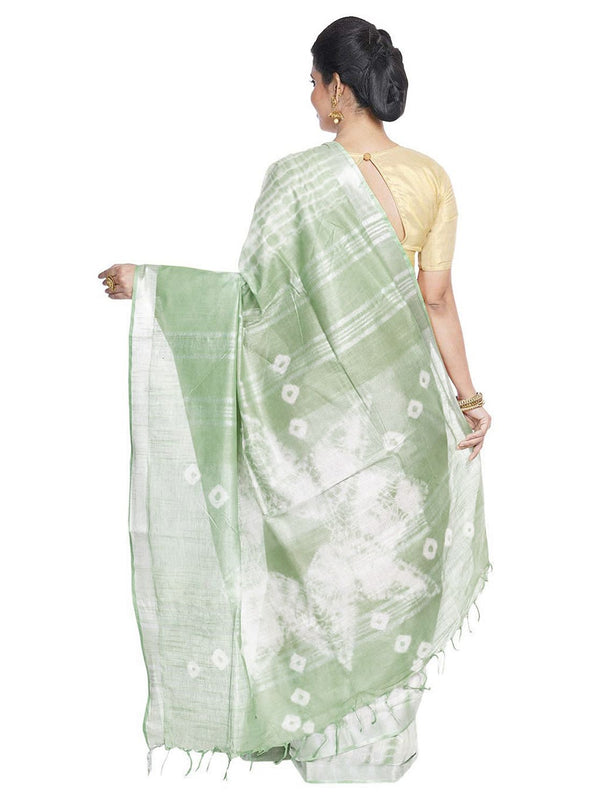 Chamoisee Brown & Olivine Green women's Bhagalpuri Handloom Cotton Linen Slub Blend Tie Two Dye (Sibory Two Dye) Saree With Running Unstitched Blouse Piece - View 3