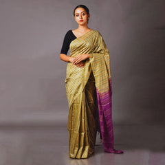 Semi Tussaqr Silk Handloom Bhagalpuri Striped Two Dye Saree (Tussock_Brown & Electric_Purple)
