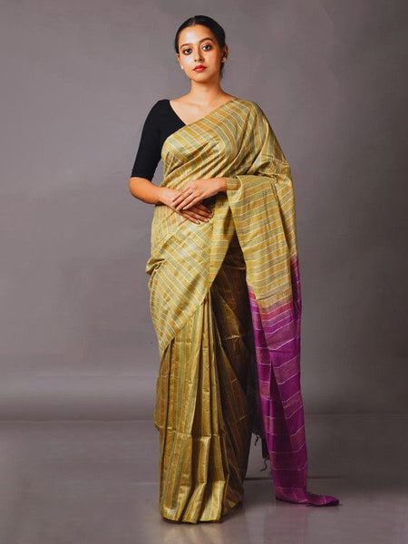 Semi Tussaqr Silk Handloom Bhagalpuri Striped Two Dye Saree (Tussock_Brown & Electric_Purple)
