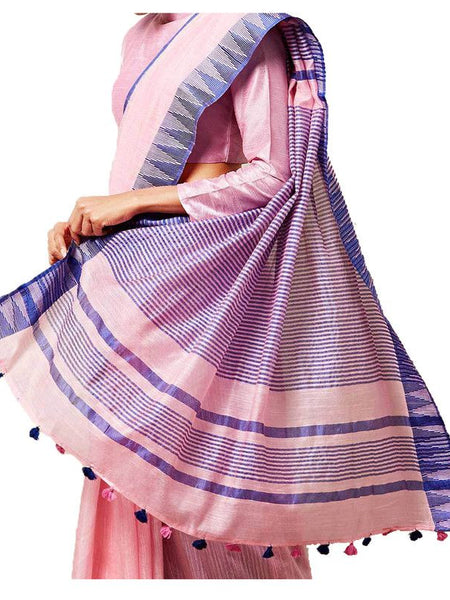 Orchid Pink women's Bhagalpuri Handloom Kota Silk Temple Border Saree And Variation Of Colors With Striped Blouse Piece - View 3