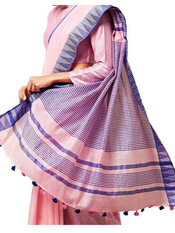 Orchid Pink women's Bhagalpuri Handloom Kota Silk Temple Border Saree And Variation Of Colors With Striped Blouse Piece - View 3