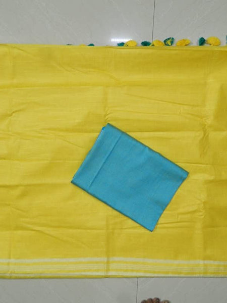 Yelllow-Cyan women's Handloom Bhagalpuri Cotton Linen Blend Saree Ethnic Wear With Contrast Unstitched Blouse Piece - View 3
