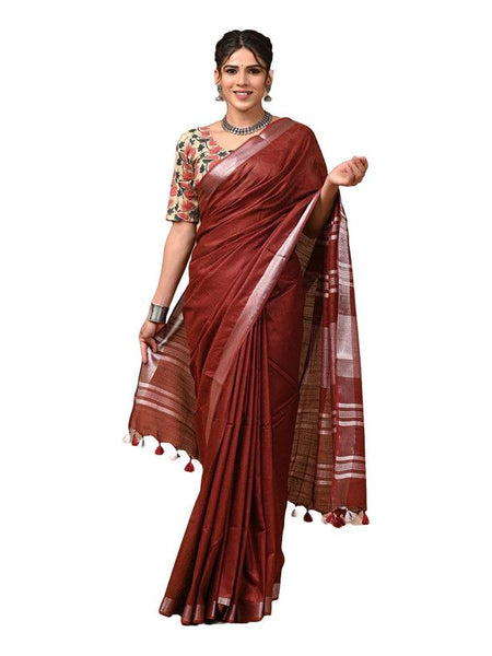Linen Cotton Blend Handloom Bhagalpuri Saree with Zari Border (12794 Maroon_Red) - View 3