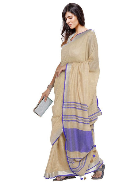 Vanilla Tan-Blue women's Bhagalpuri Handloom Cotton Linen Blend Contrast Pallu Saree And Unstitched Contrast Blouse Piece - View 3