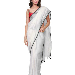 Black women's Bhagalpuri Handloom Linen Cotton Blend White Saree With Silver Zari Border And Contrast Unstitched Blouse Piece