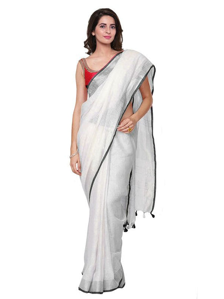 Black women's Bhagalpuri Handloom Linen Cotton Blend White Saree With Silver Zari Border And Contrast Unstitched Blouse Piece
