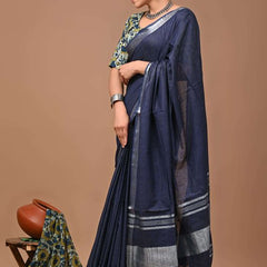 Linen Cotton Blend Handloom Bhagalpuri Saree with Zari Border (12787 Egyptian_Blue) - View 2