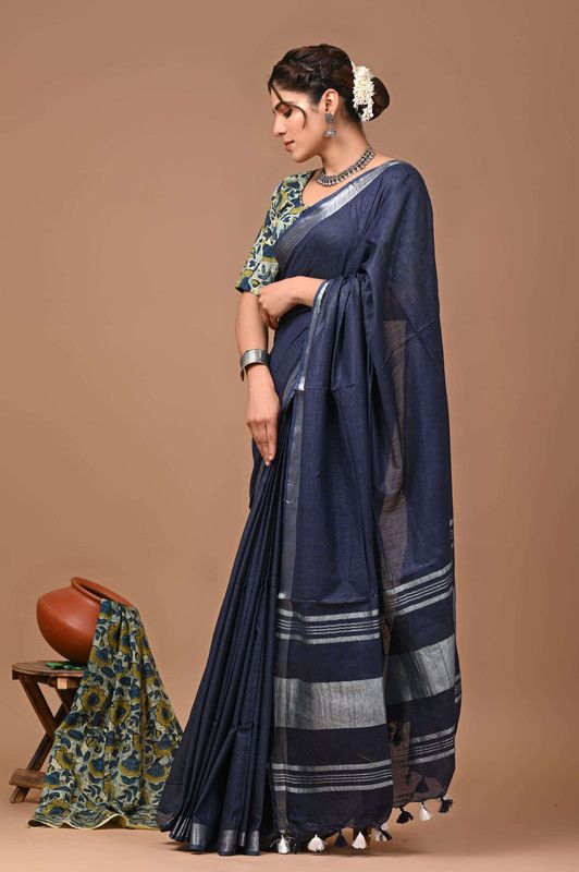 Linen Cotton Blend Handloom Bhagalpuri Saree with Zari Border (12787 Egyptian_Blue) - View 2