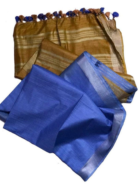 Golden Brown & Blue women's Ethnic Wear Bhagalpuri Handloom Linen Blend Two Dye Saree With Running Unstitched Blouse Piece - View 4