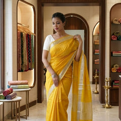 Handwoven Linen Blend Saree With Running Blouse Piece(Yellow)