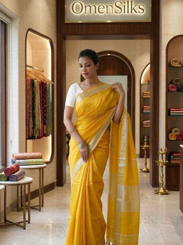 Handwoven Linen Blend Saree With Running Blouse Piece(Yellow)