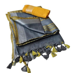 Handloom Bhagalpuri Linen Cotton Blend Contrast Border Saree for Women (12634 Grey-Yellow) - View 2
