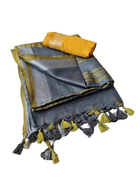 Handloom Bhagalpuri Linen Cotton Blend Contrast Border Saree for Women (12634 Grey-Yellow) - View 2