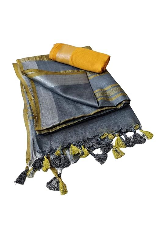 Handloom Bhagalpuri Linen Cotton Blend Contrast Border Saree for Women (12634 Grey-Yellow) - View 2