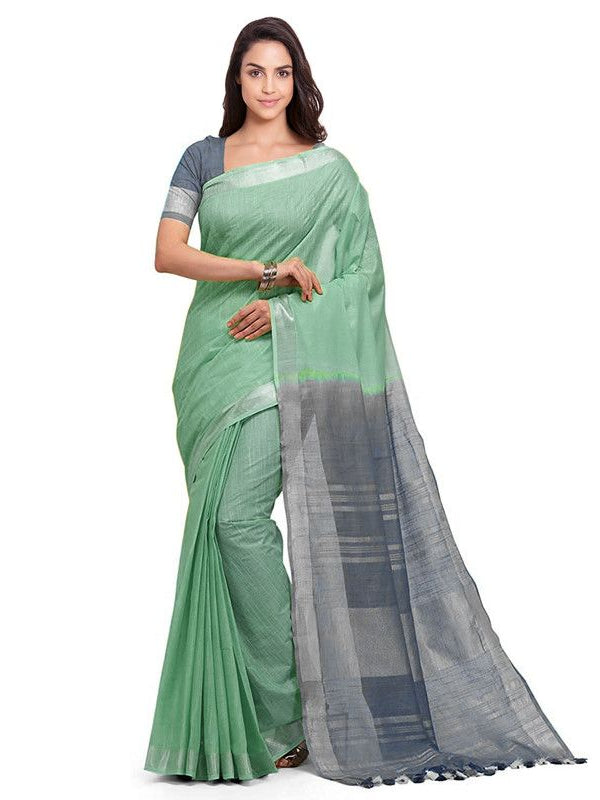 Mint Green & Grey women's Handloom Bhagalpuri Linen Blend Two Dye Saree With Running Unstitched Blouse Piece - View 2