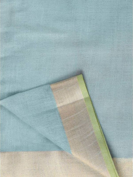 Linen Cotton Blend Contrast Handloom Bhagalpuri Saree (Gold-Mint_Cyan-Parrot_Green) - View 4