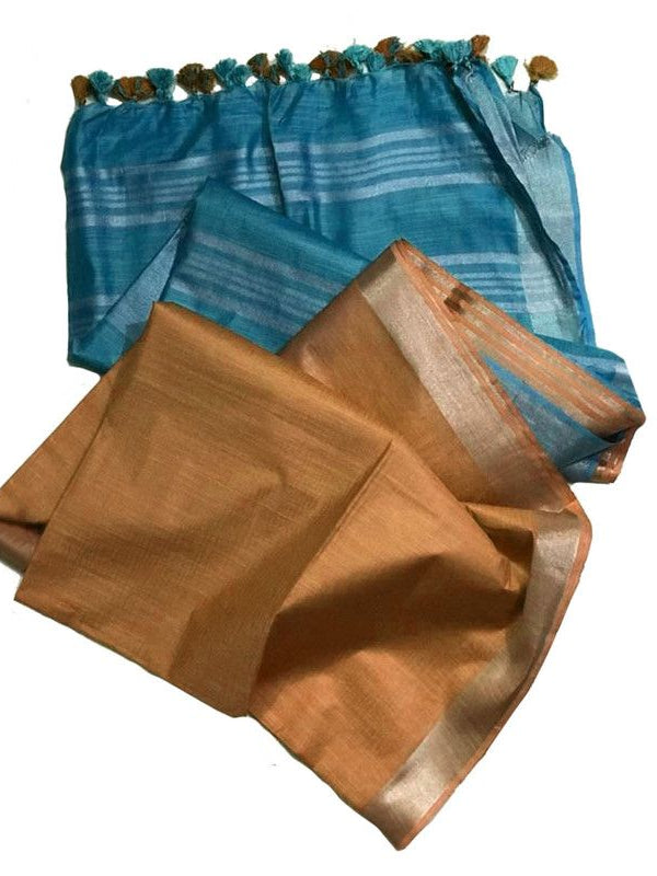 Mooonstone Cyan & Persian Orange women's Bhagalpuri Ethnic Wear Handloom Cotton Linen Blend Zari Border Two Dye Saree With Running Unstitched Blouse Piece - View 5