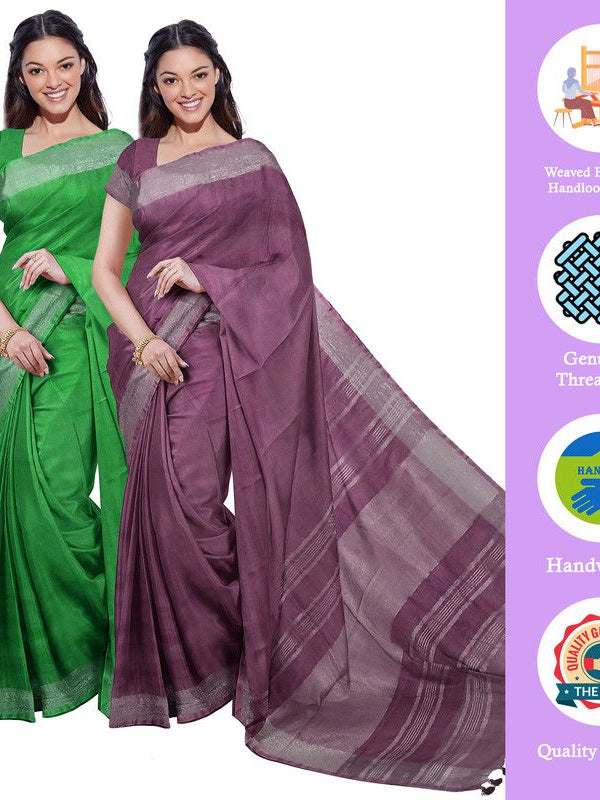 Pigment Green & Quinacridone Magenta women's Bhagalpuri Handloom Cotton-Linen Blend Saree Combo (Pack Of 2) With Running Unstiched Blouse Piece - View 2